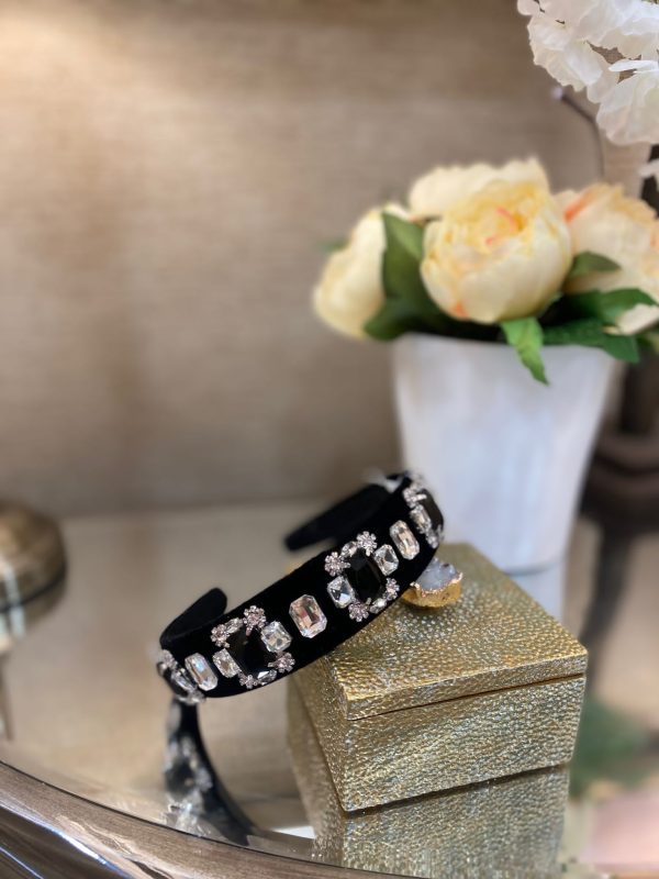 Black Headband with Black and White Crystals