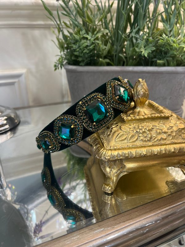Dark Green Headband with Green Crystals & Gold Details