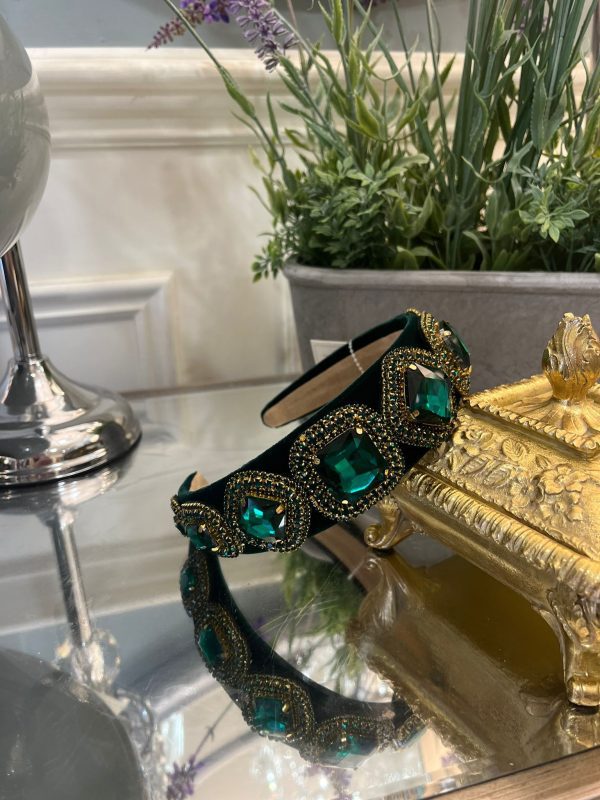 Dark Green Headband with Green Crystals & Gold Details - Image 2