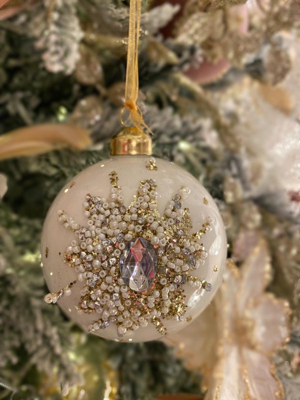 Glass Bauble with Beads & Crystal 8cm Ivory - Image 2