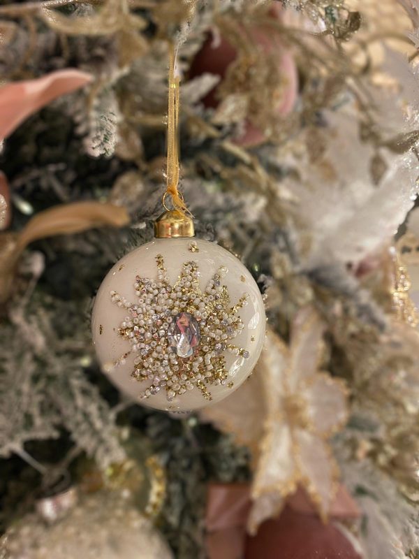 Glass Bauble with Beads & Crystal 8cm Ivory