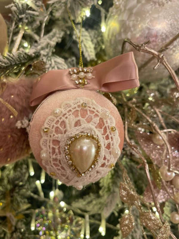 Bauble with Pearl, Satin Bow & Lace 10 cm Pink