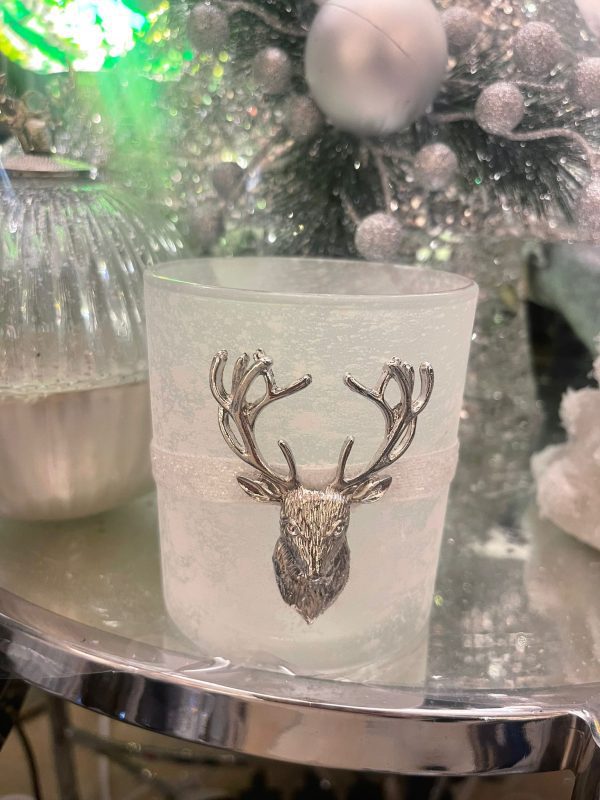 Tealight Holder with Deer Ornament & White Ribbon 10cm