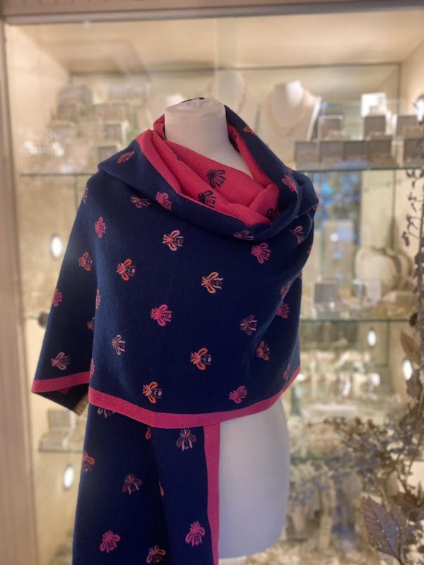 Cashmere Touch Reversible Scarf with Bee Print Dark Blue/Pink