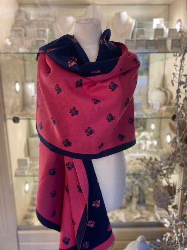 Cashmere Touch Reversible Scarf with Bee Print Dark Blue/Pink - Image 2