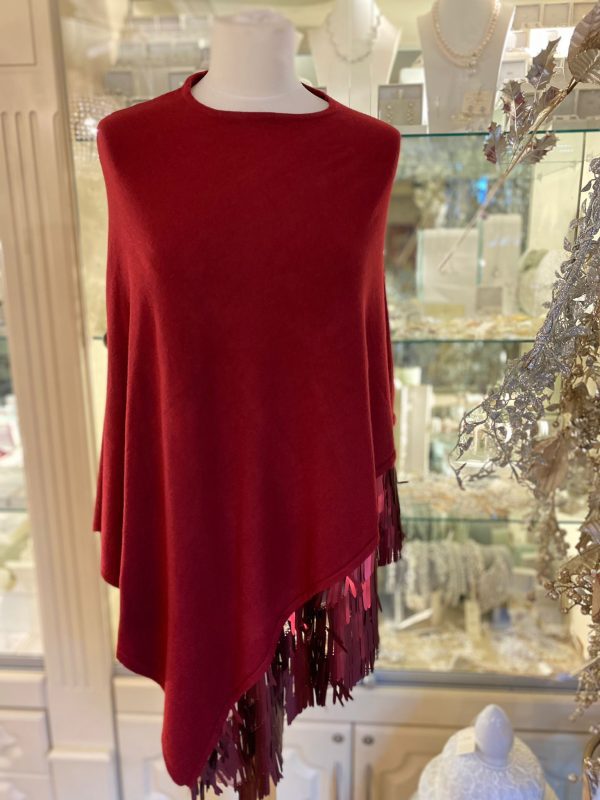 Cashmere Touch Poncho with Tassels Red