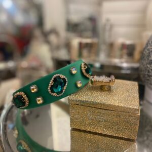 Green Headband with White and Emerald Coloured Crystals & Gold Details