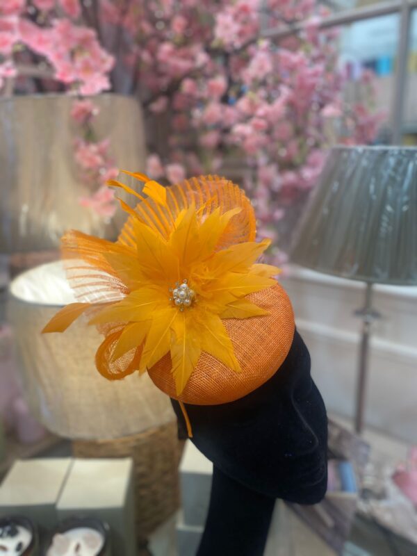 Orange Fascinator with Ribbon and Feather Flower Detail