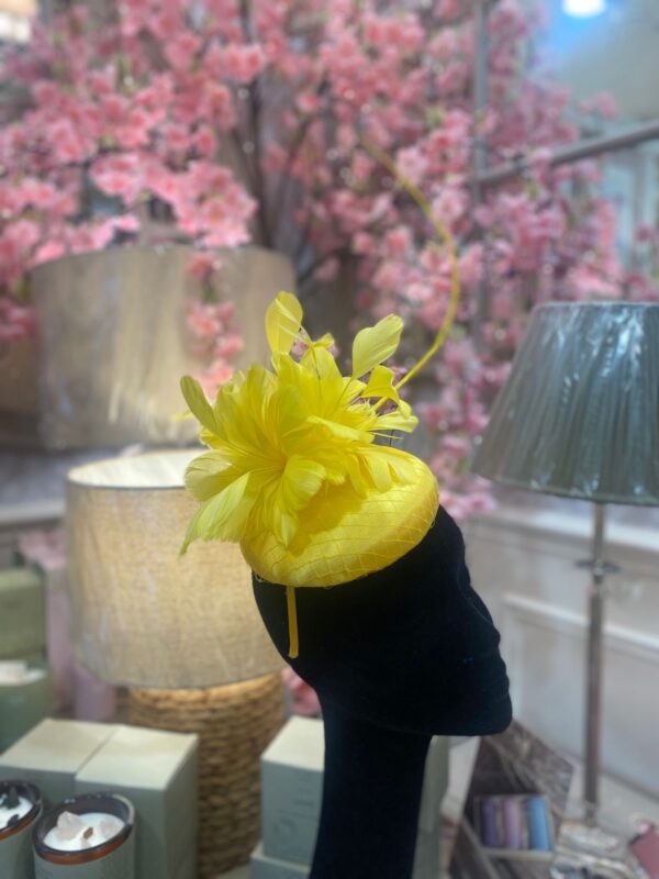 Yellow Fascinator with Feather Flowers