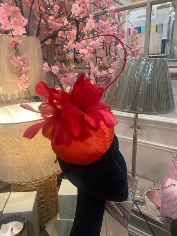 Red Fascinator with Feather Flowers