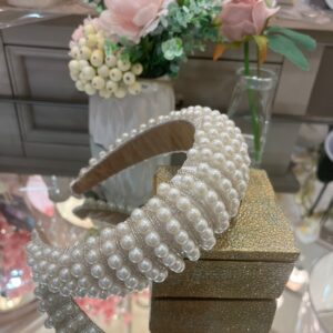 White Headband with Rows of White Pearls