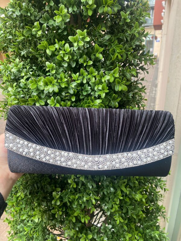 Ridged Clutch Bag with Pearls Black
