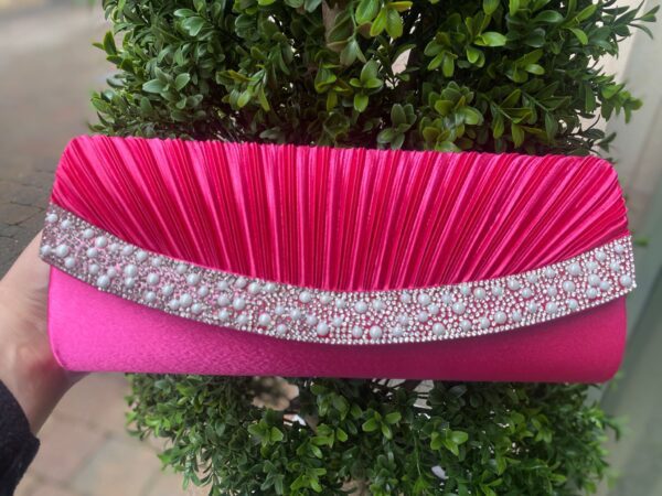 Ridged Clutch Bag with Pearls Fuchsia