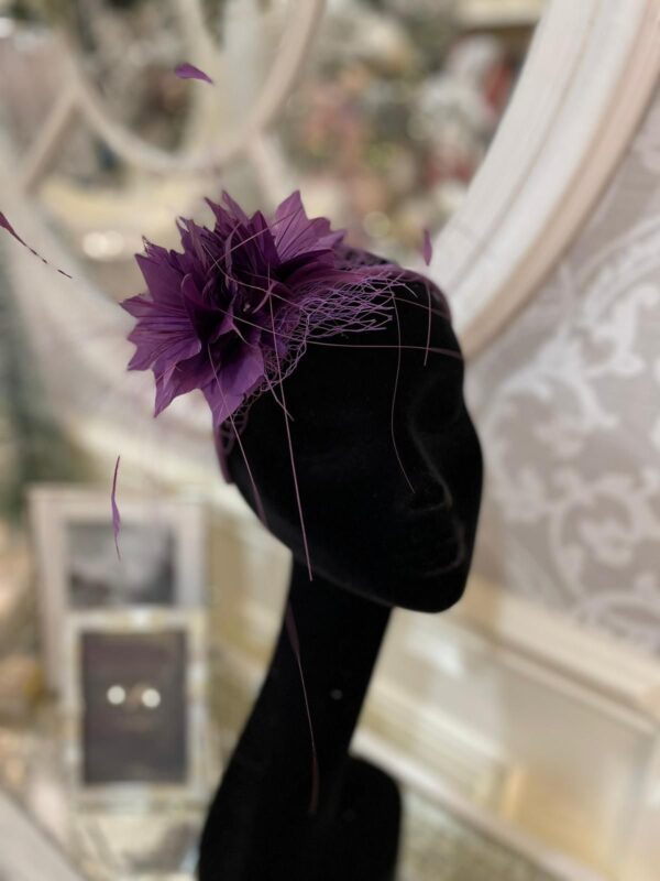 Plum Fascinator with Feather Flowers - Image 2