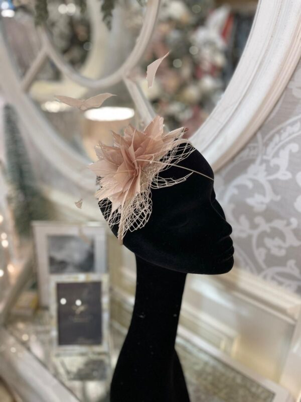 Almond Fascinator with Feather Flowers