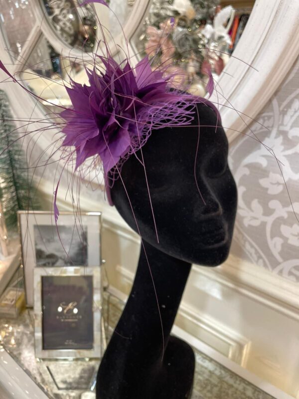 Plum Fascinator with Feather Flowers