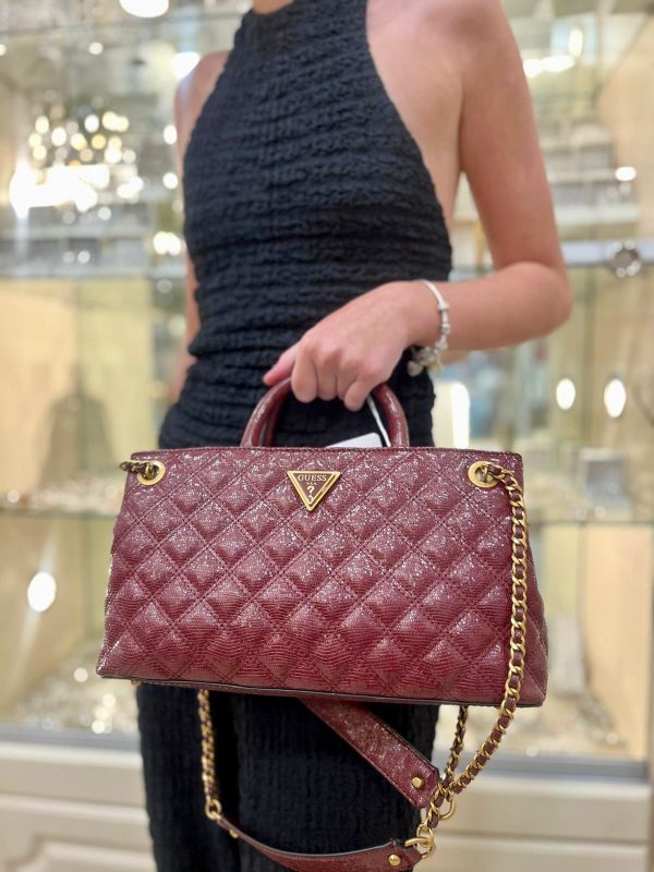 GUESS Giully Quilted Snakeskin Satchel Bag Burgundy