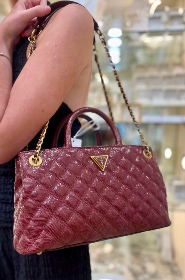 GUESS Giully Quilted Snakeskin Satchel Bag Burgundy - Image 4