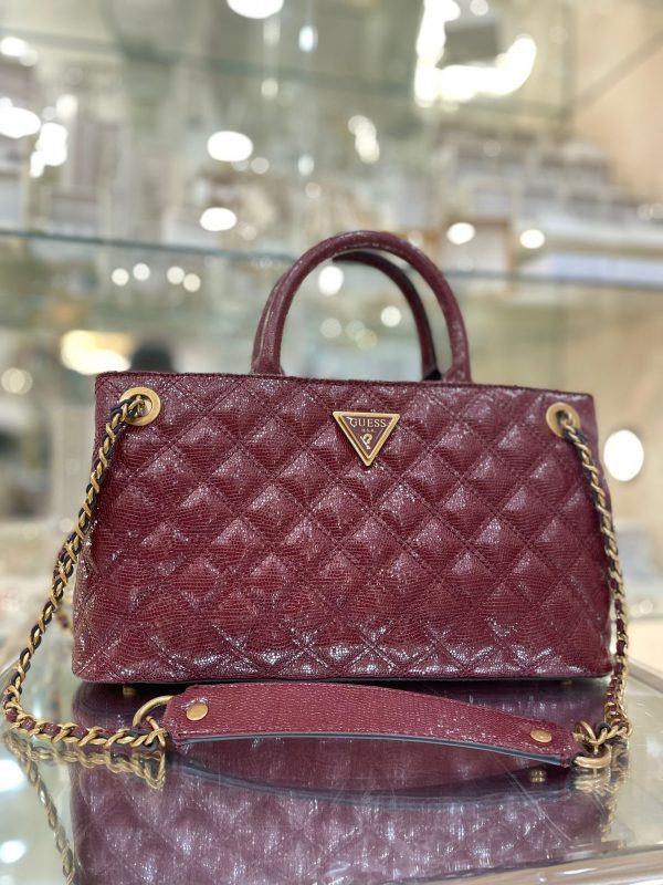 GUESS Giully Quilted Snakeskin Satchel Bag Burgundy - Image 2