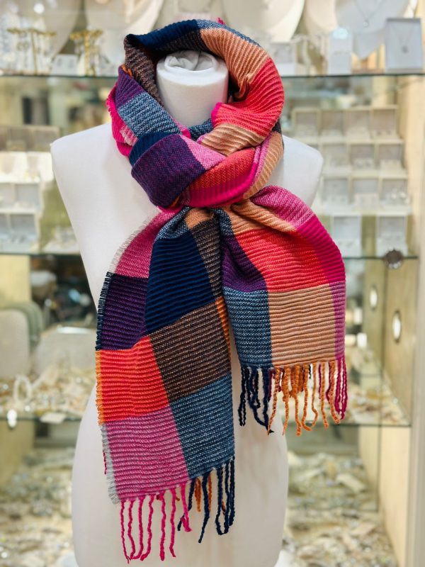 Warm-Coloured Scarf with Striped Squares