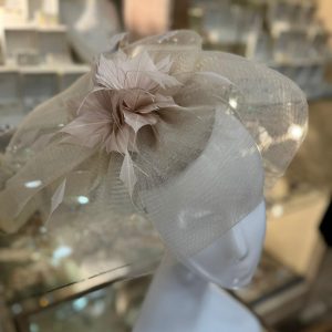 Almond Fascinator with Veil and Feathers