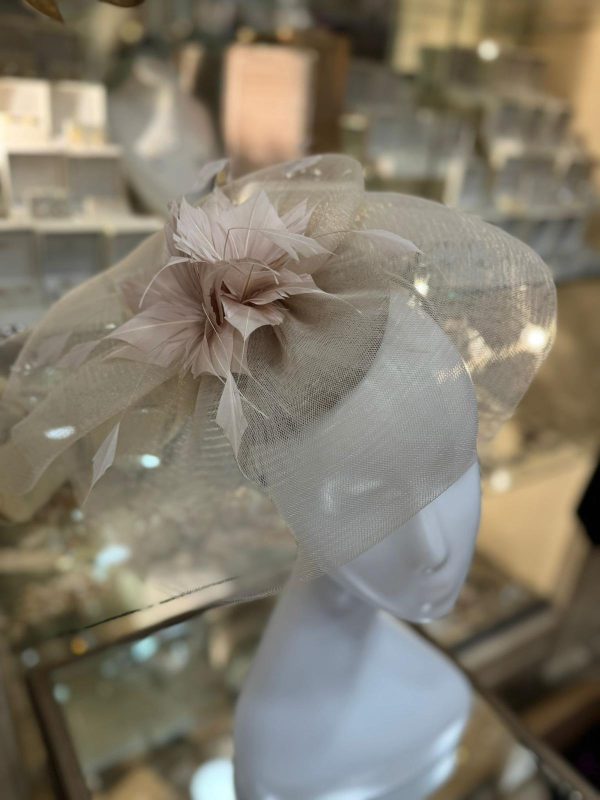 Almond Fascinator with Veil and Feathers