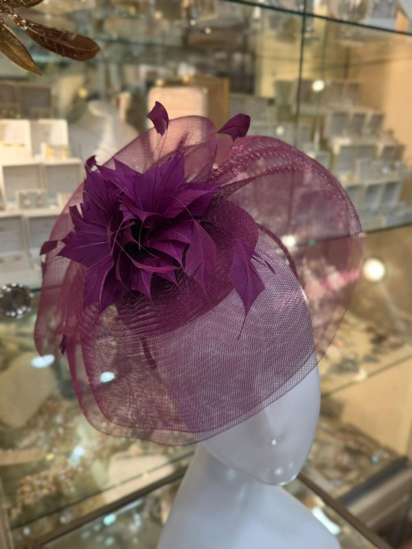 Cerise Fascinator with Veil and Feathers