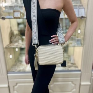 ELLIE BEAUMONT GOLD RAFFIA LEATHER CROSSBODY BAG