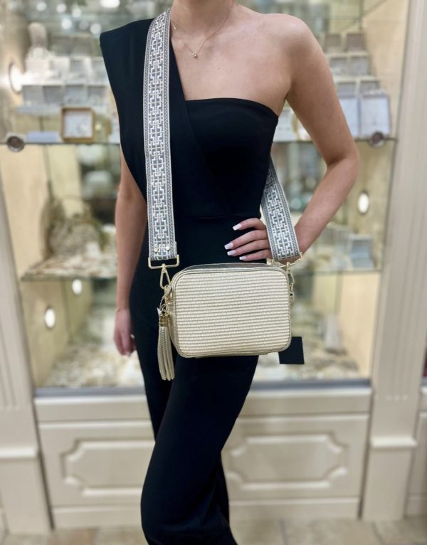 ELLIE BEAUMONT GOLD RAFFIA LEATHER CROSSBODY BAG
