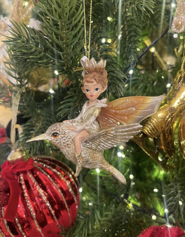Fairy Riding Bird ornament 11cm Cream/Gold ASS/2