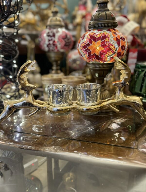 Gold Reindeer Double Tealight Candle Holder