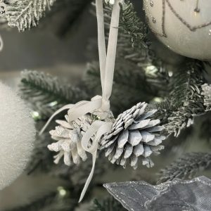White Double Pinecone Decoration with Velvet Bow