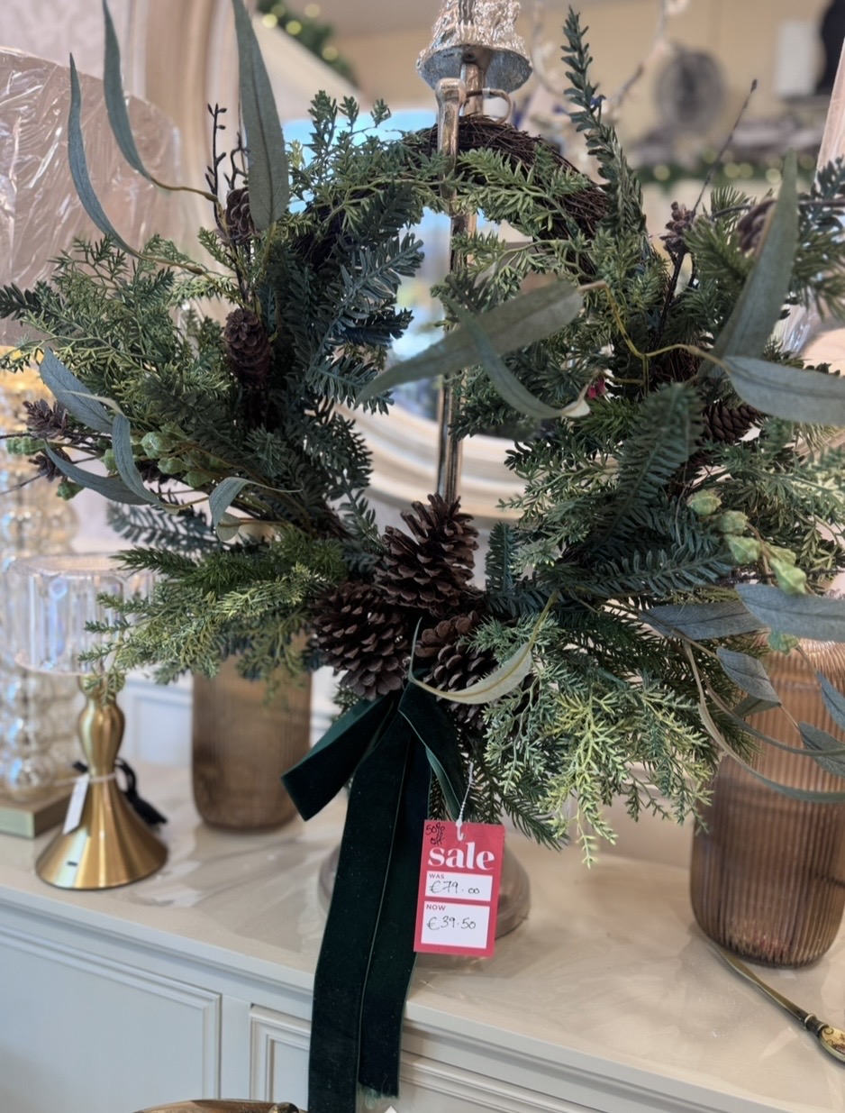 Green Velvet Bow Wreath with Pinecones & Foliage 45cm - Image 3