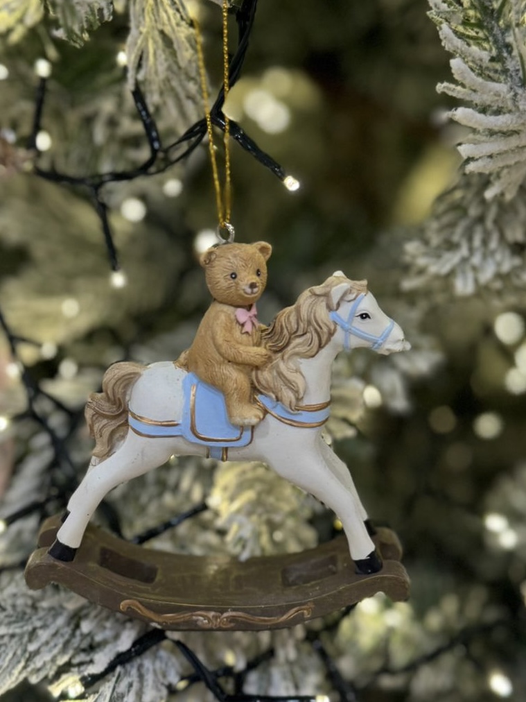 Teddy on Rocking Horse Decoration Blue & White