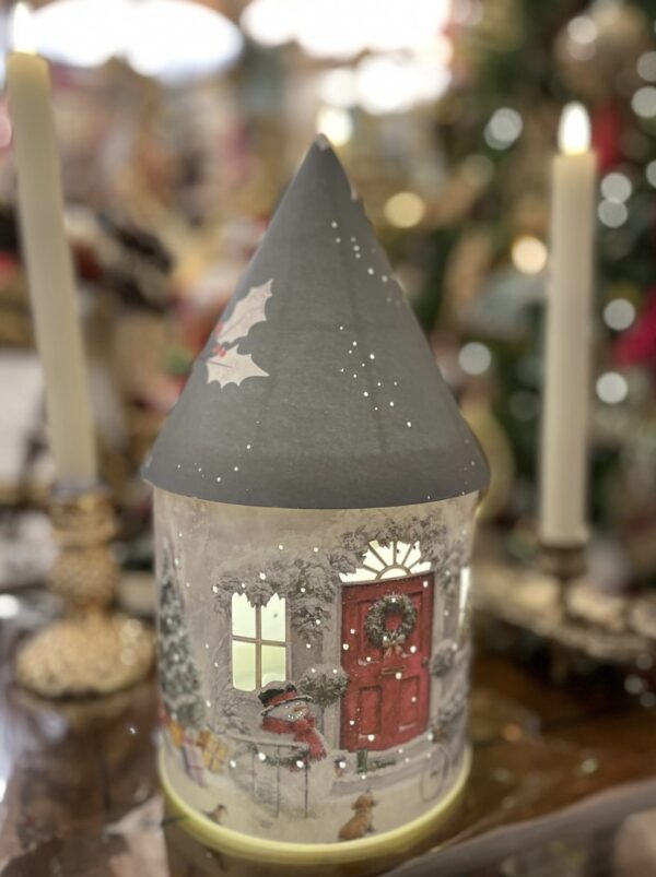 LED House 27cm Red Door with Snowman
