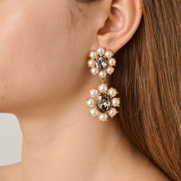LINA Earring with Grey Crystals & White Pearls Gold - Image 2
