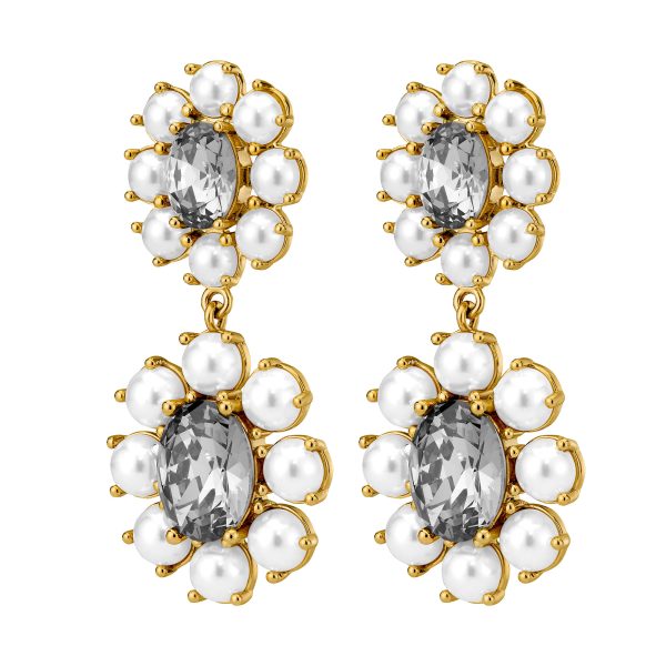 LINA Earring with Grey Crystals & White Pearls Gold