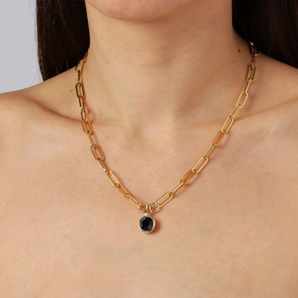 LISANNA Chunky Short Necklace with Large Black Crystal Pendant Gold - Image 3