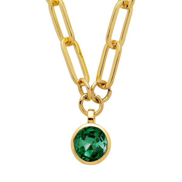 LISANNA Chunky Short Necklace with Large Green Crystal Pendant Gold