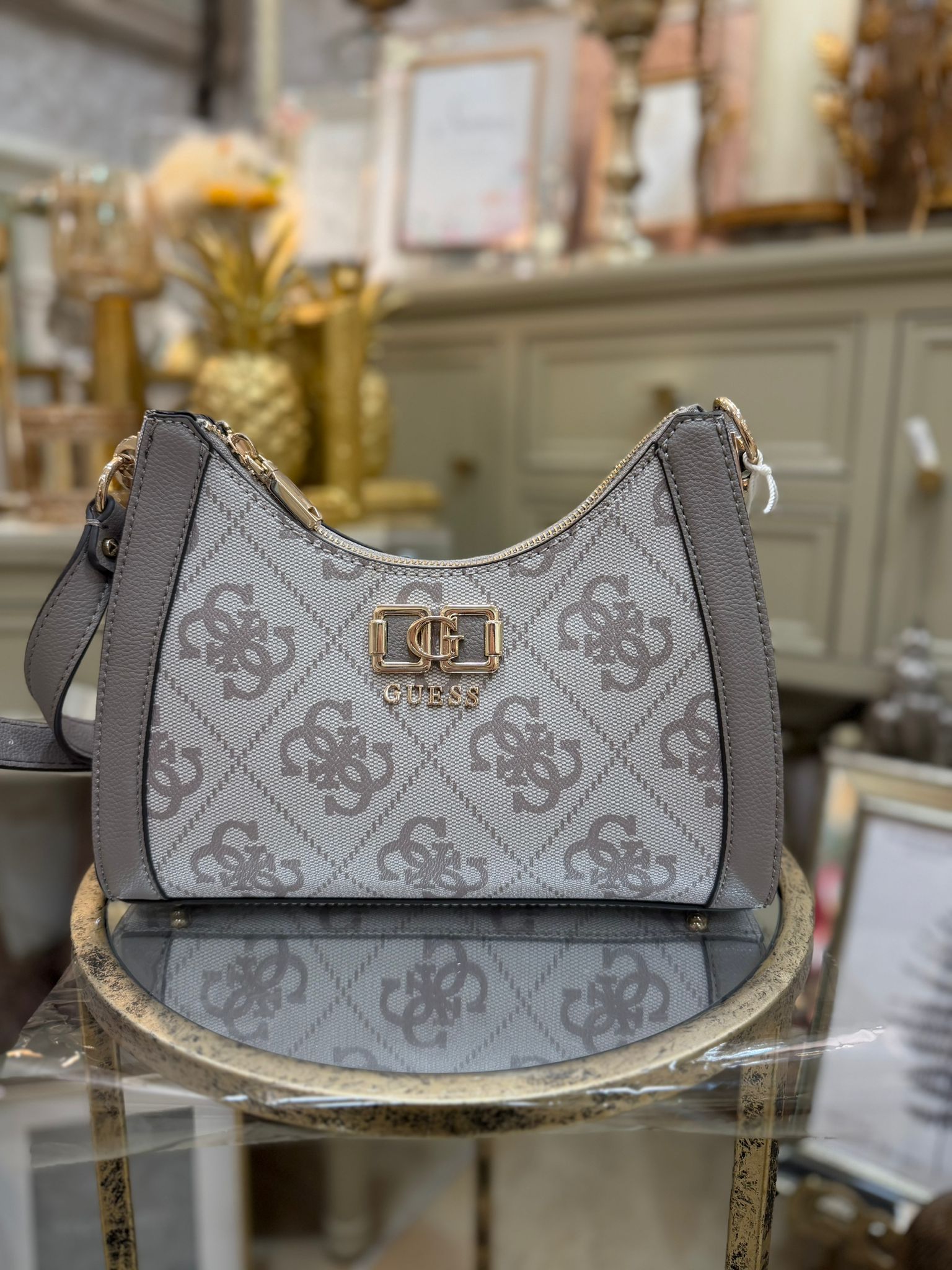 GUESS Karnilla Logo Shoulder Bag Dark Taupe Logo - Image 3