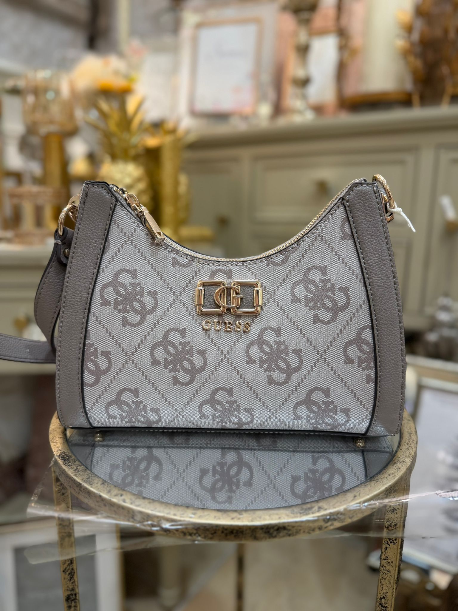 GUESS Karnilla Logo Shoulder Bag Dark Taupe Logo