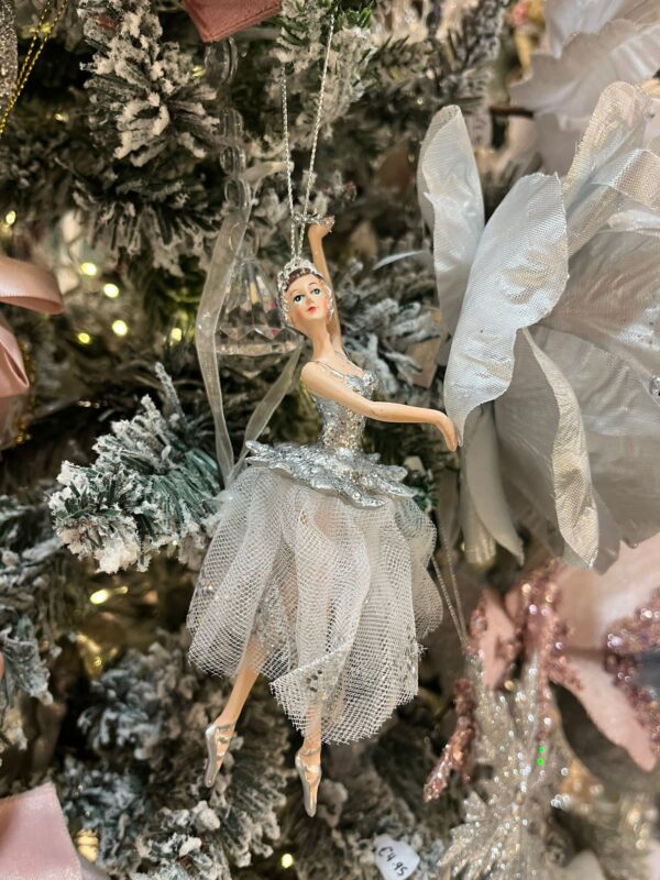 Hanging Ballerina Trim Silver White Dress 18cm