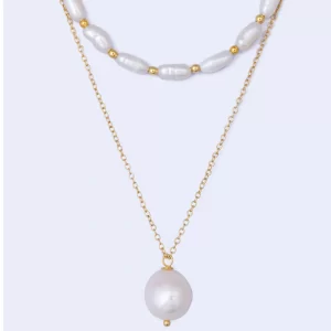 LAYERED FRESHWATER PEARL & GOLD BEAD NECKLACE