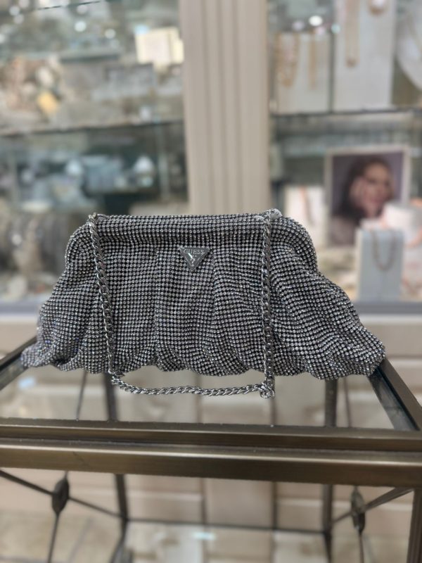 GUESS Zalina Mesh Rhinestone Clutch Silver