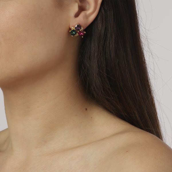 VIENA Stud Earrings With Purple/Green/Pink Crystals Gold - Image 2