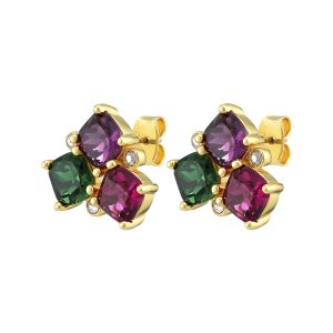 VIENA Stud Earrings With Purple/Green/Pink Crystals Gold