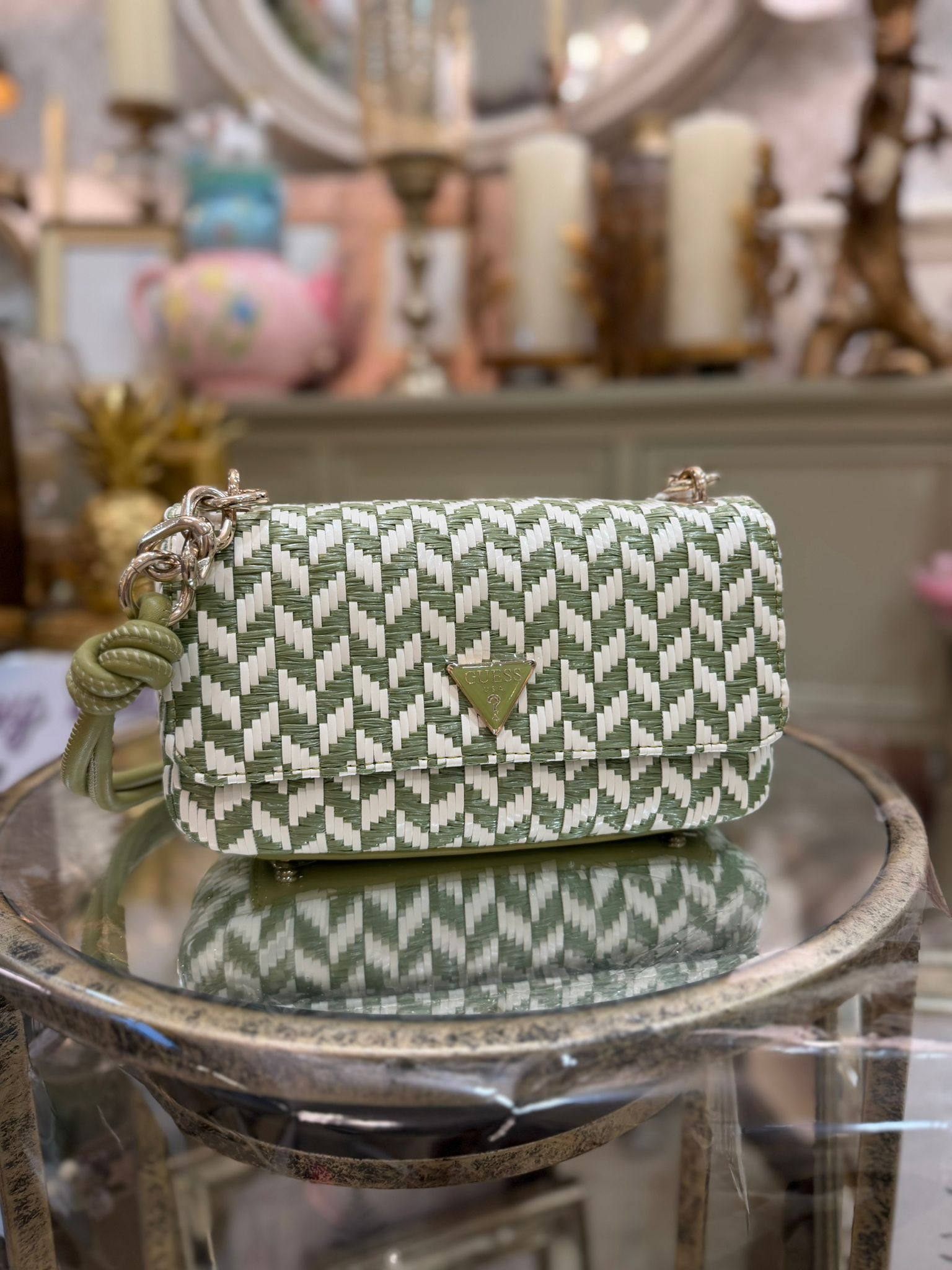 GUESS Tessi Baided Handbag Olive/White