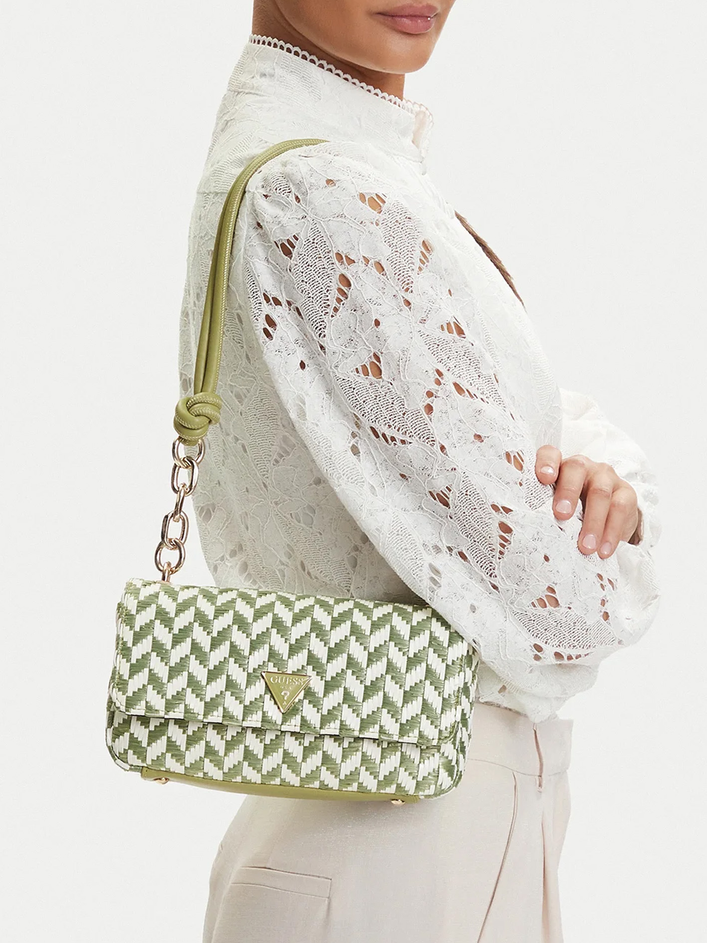 GUESS Tessi Baided Handbag Olive/White - Image 3