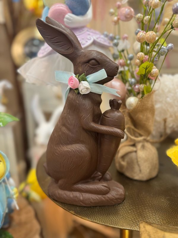 Faux Chocolate Rabbit with Carrot & Blue Bow