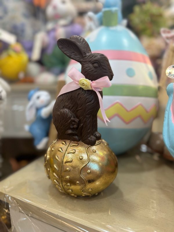 Faux Chocolate Bunny on Gold Egg with Pink Bow